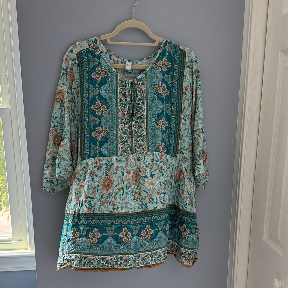 Floral Teal and Brown Boho Women's Top